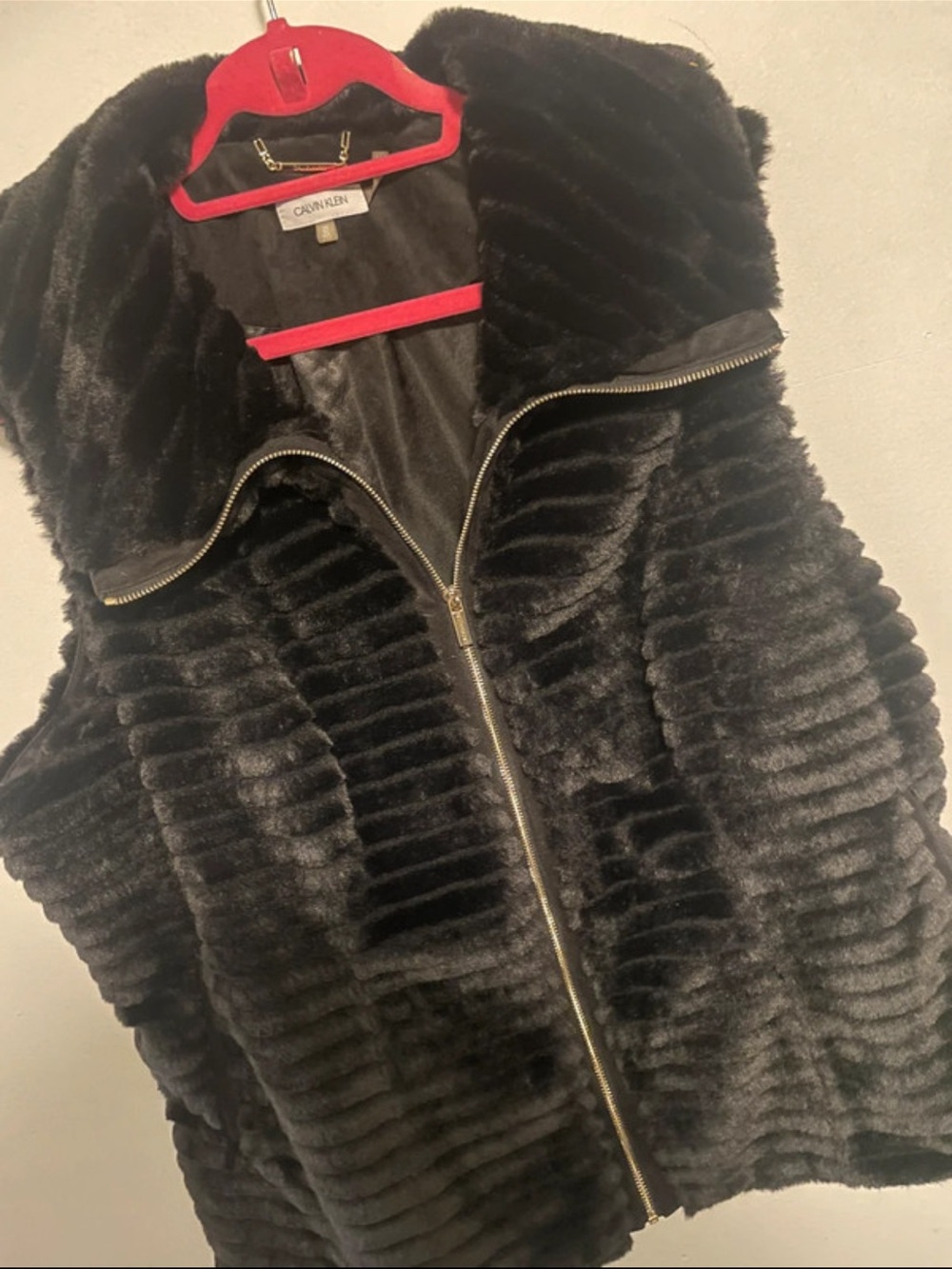 Calvin Klein Black Faux Fur Hooded Zip Vest